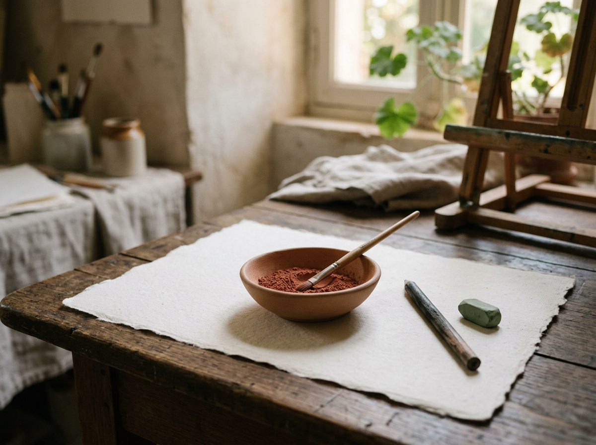 Papier, pigments doux et pinceau disposés sur une table de création
